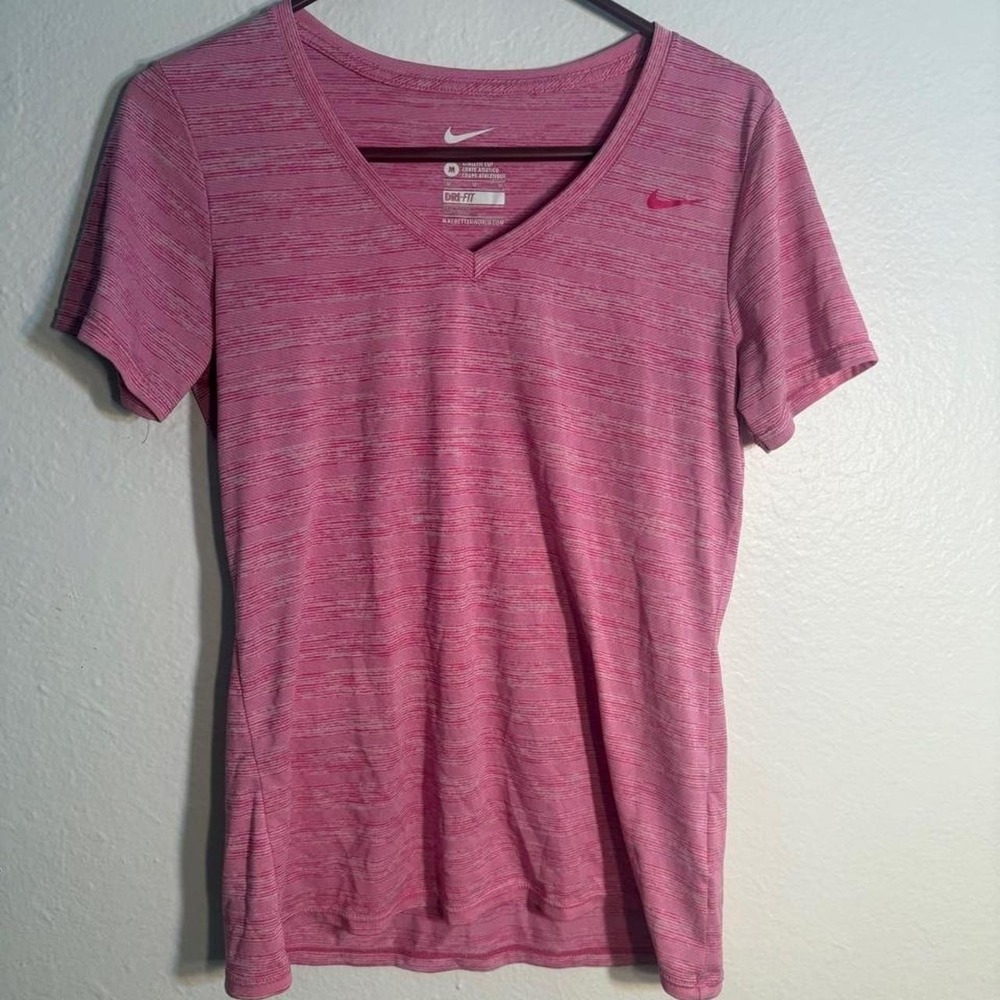 Pink Nike Dri-Fit V-neck shirt with horizontal stripes S